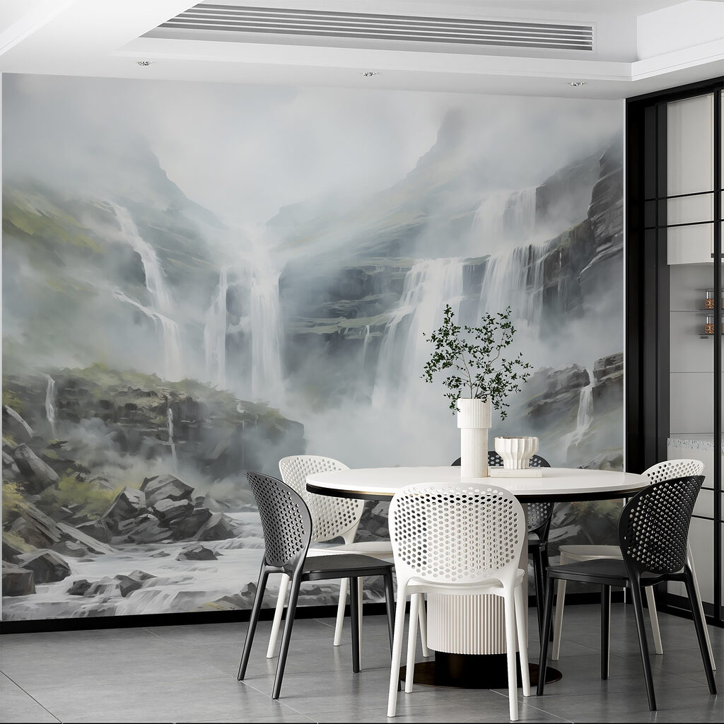 Waterfall in foggy mountains