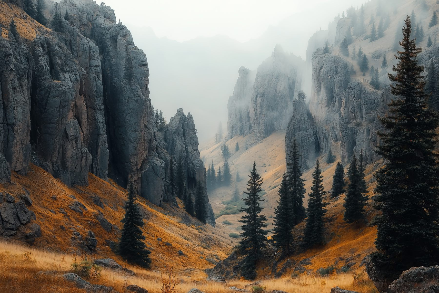 Rocky mountains with trees and fog