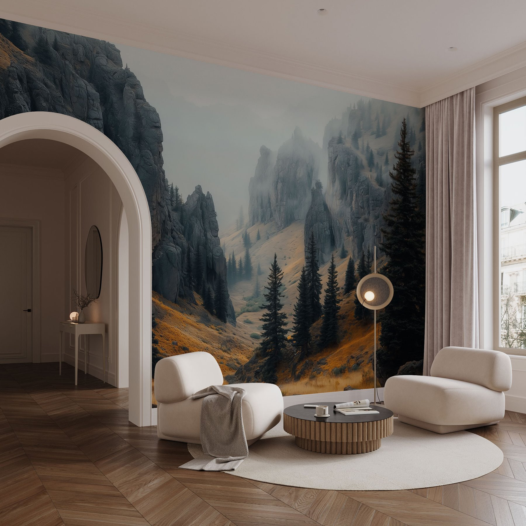 Rocky mountains with trees and fog