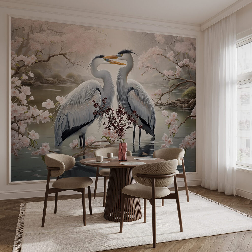 Couple of white birds standing in water with pink flowers Couple of white birds standing in water with pink flowers