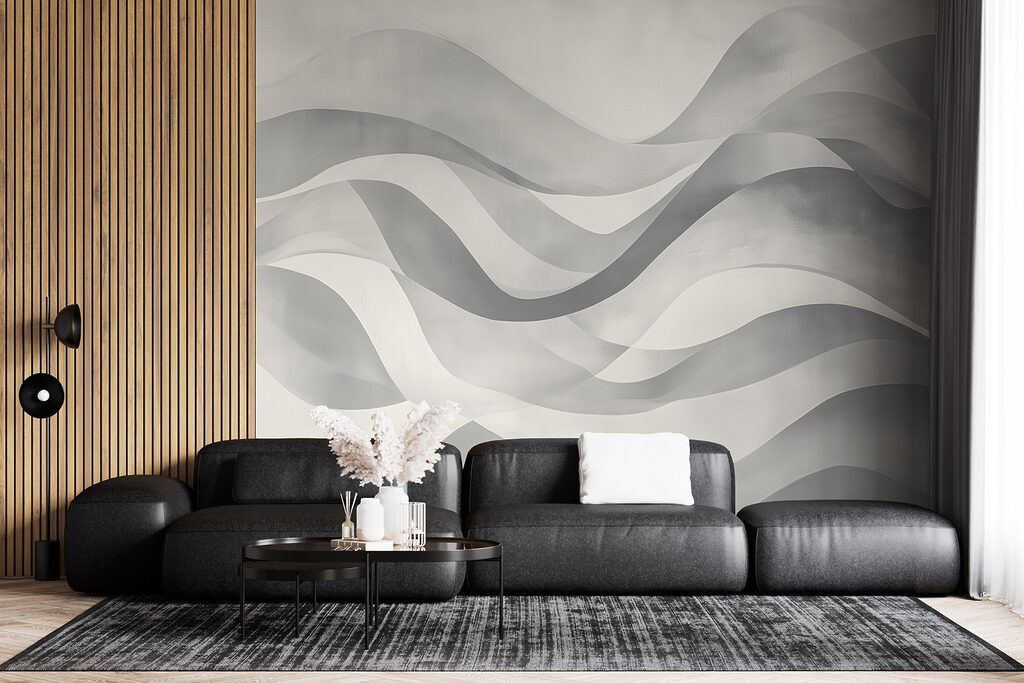 Grey and white background with wavy lines