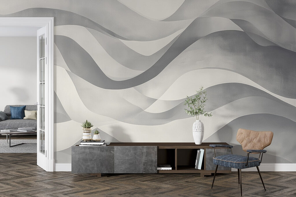 Grey and white background with wavy lines
