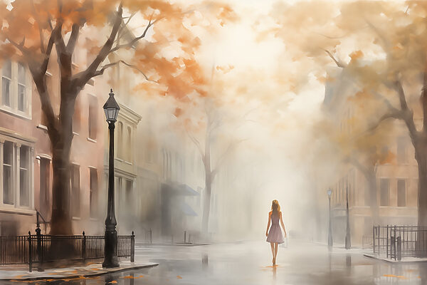 Woman walking down a street in the fog