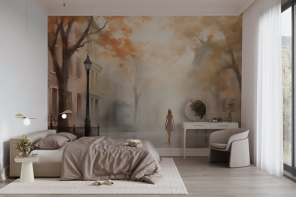 Woman walking down a street in the fog