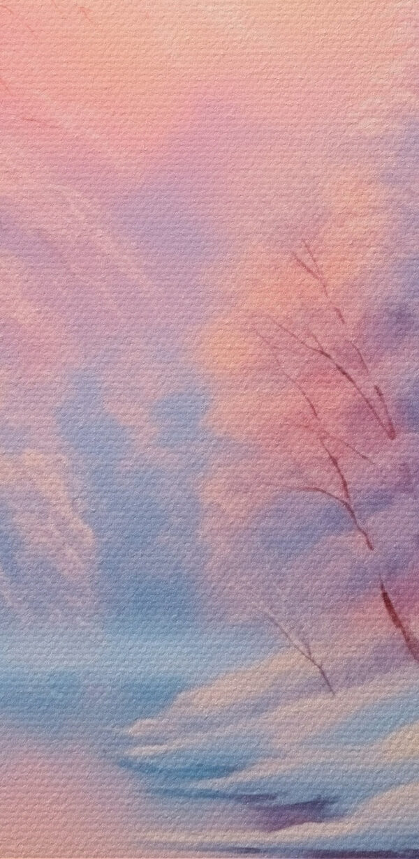 River with snow covered trees and a pink sunset River with snow covered trees and a pink sunset