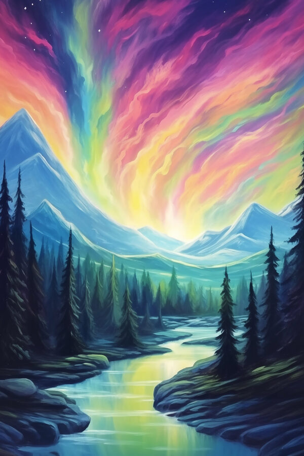 Painting of a river and mountains with trees Painting of a river and mountains with trees