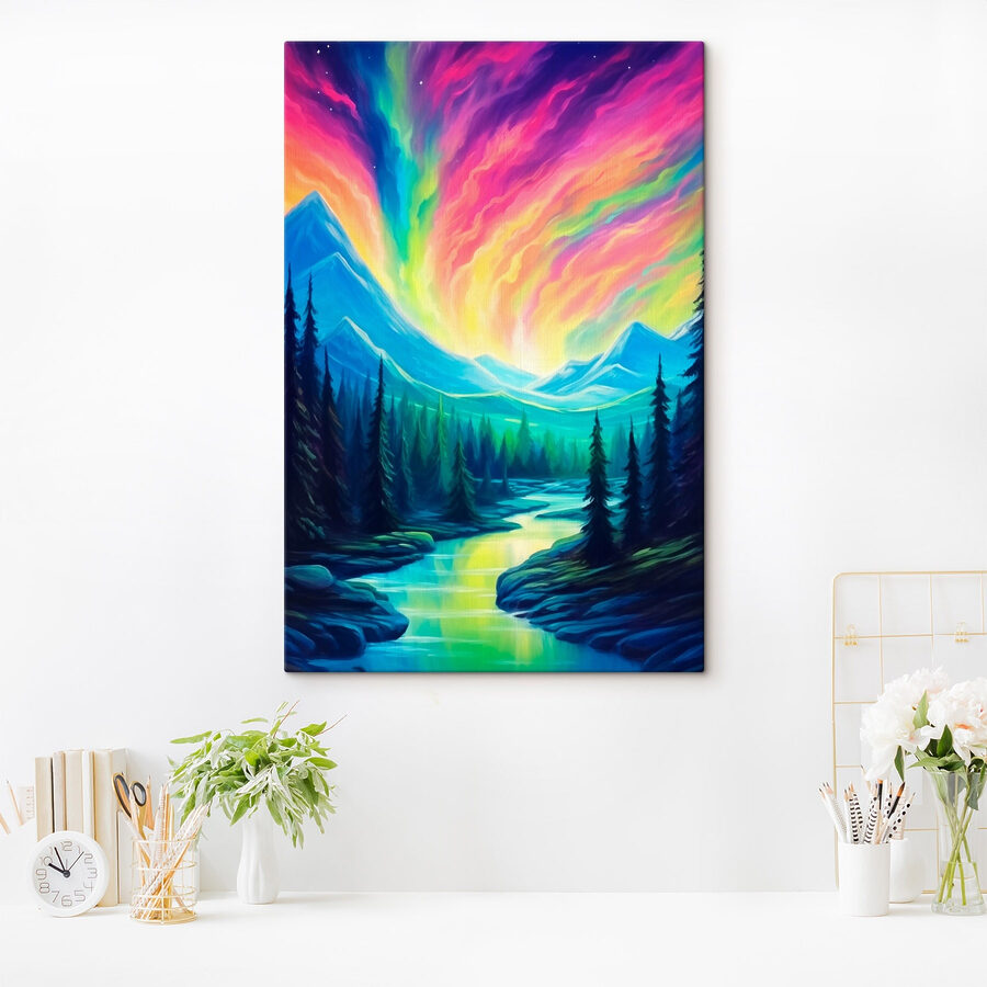 Painting of a river and mountains with trees Painting of a river and mountains with trees