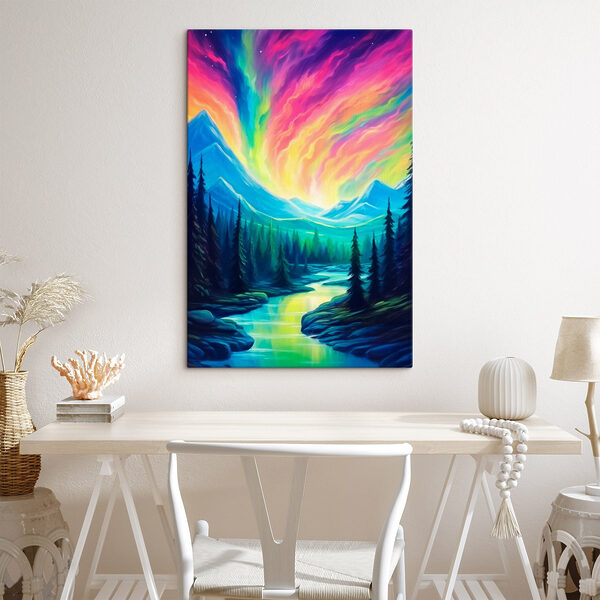 Painting of a river and mountains with trees Painting of a river and mountains with trees