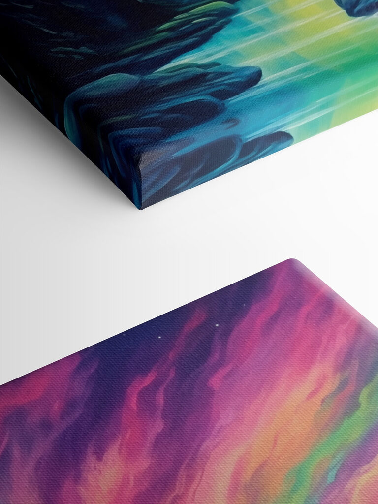 Painting of a river and mountains with trees