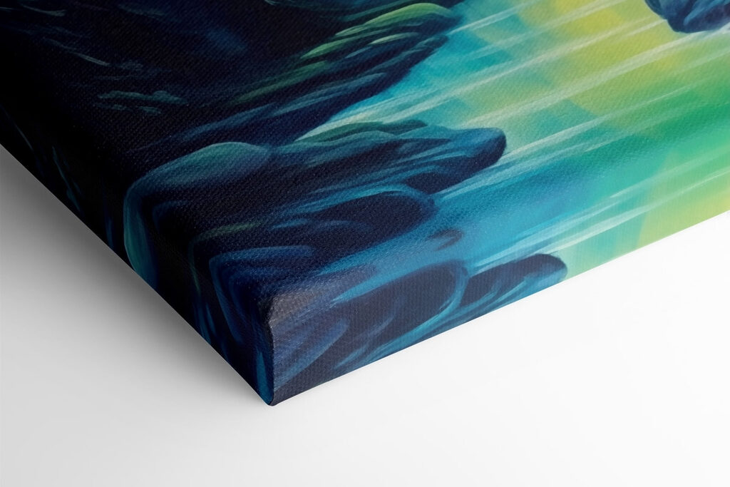 Painting of a river and mountains with trees