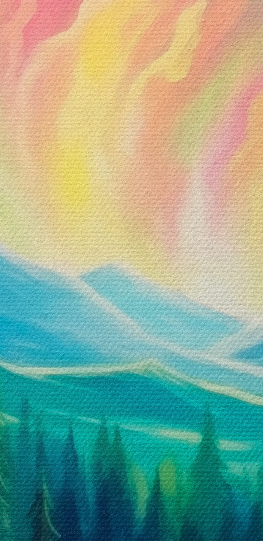 Painting of a river and mountains with trees Painting of a river and mountains with trees
