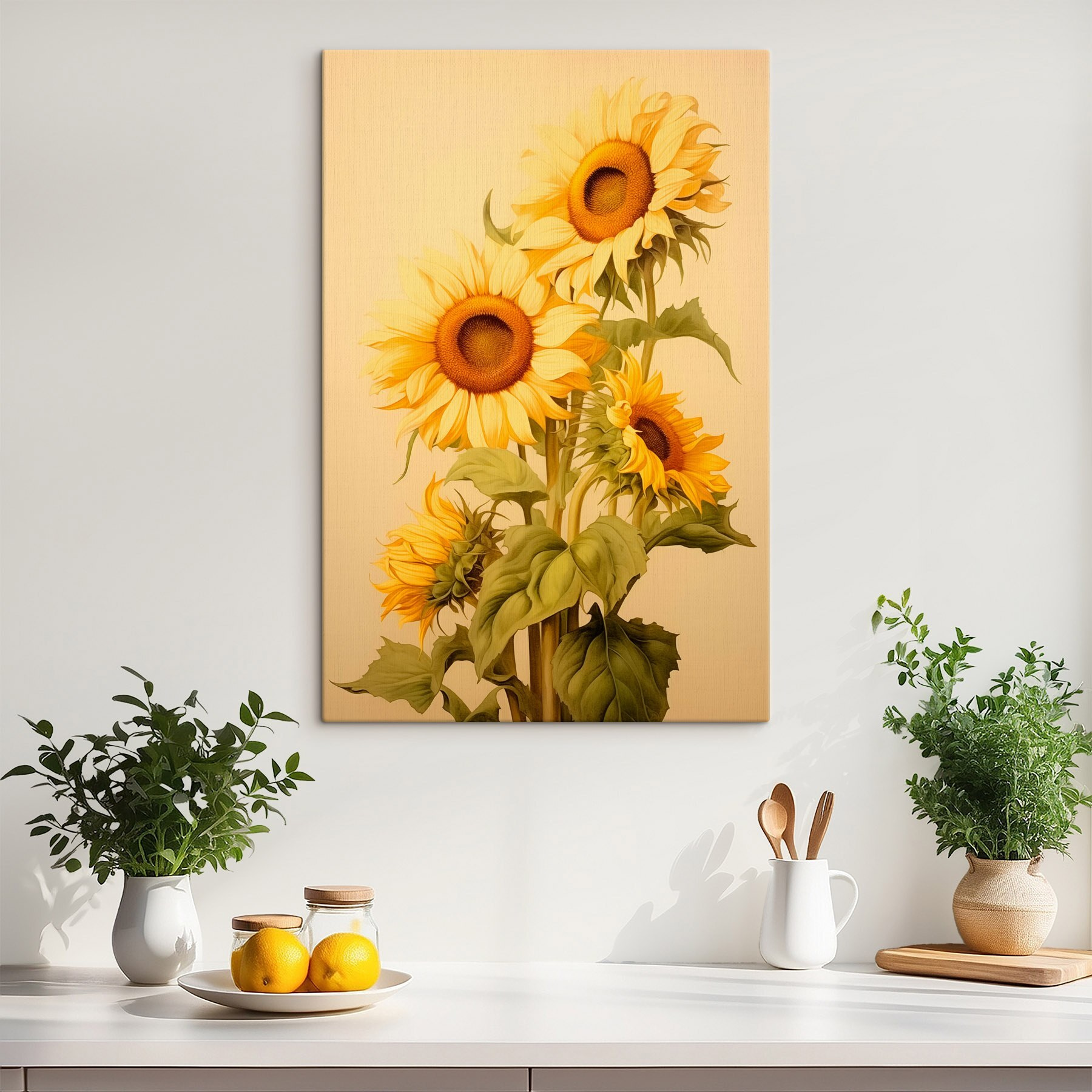 Painting of sunflowers on a white background