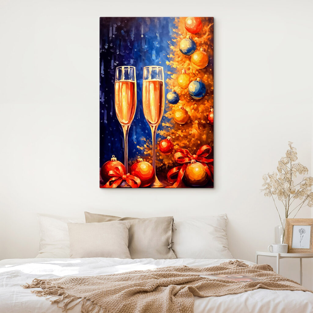 Painting of two champagne glasses next to a christmas tree