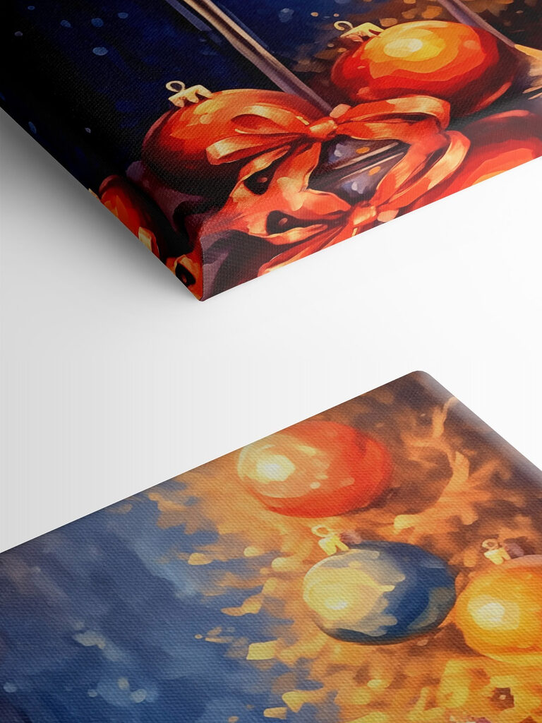 Painting of two champagne glasses next to a christmas tree