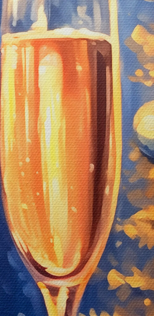 Painting of two champagne glasses next to a christmas tree
