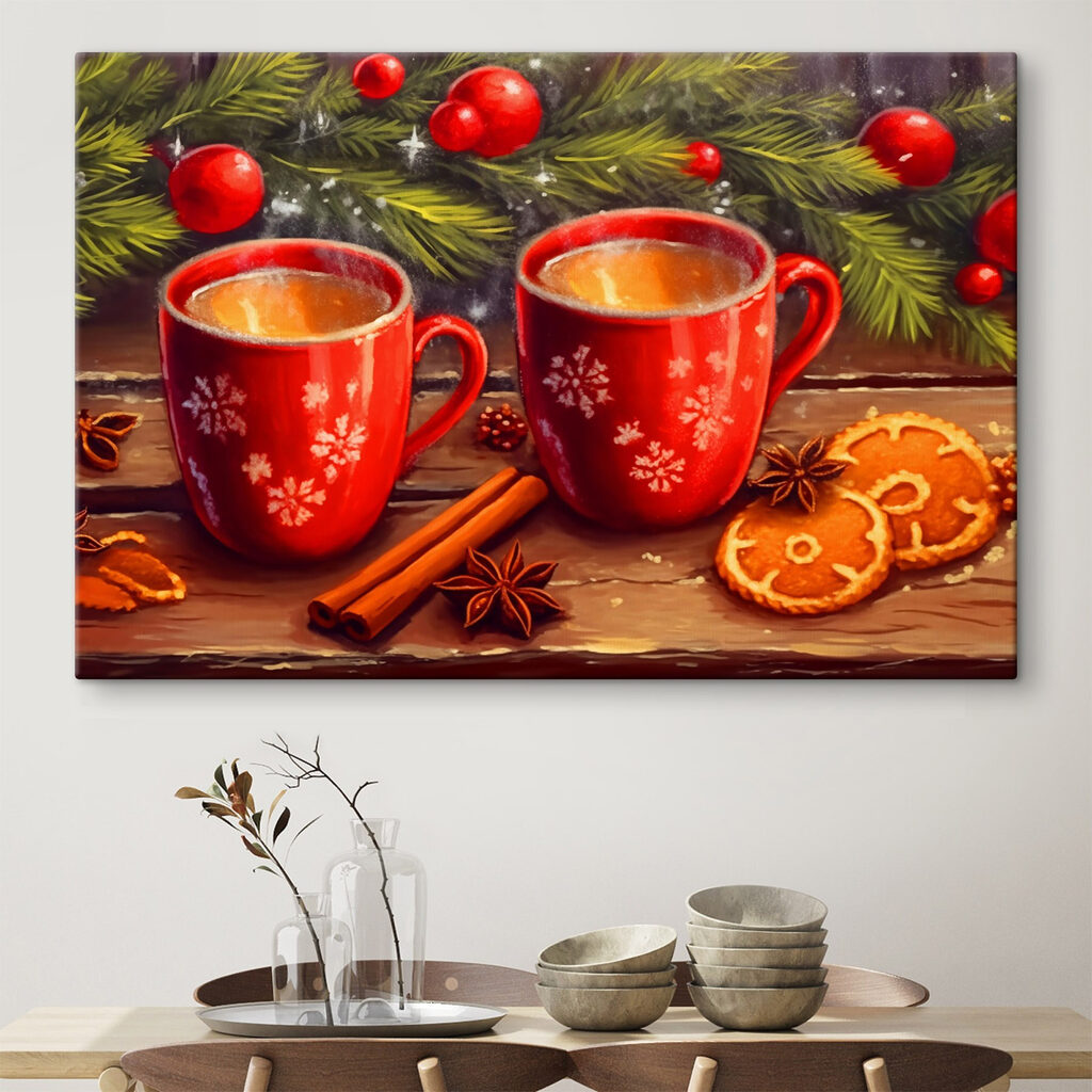 Painting of two red mugs with white patterns and cinnamon sticks and anise stars