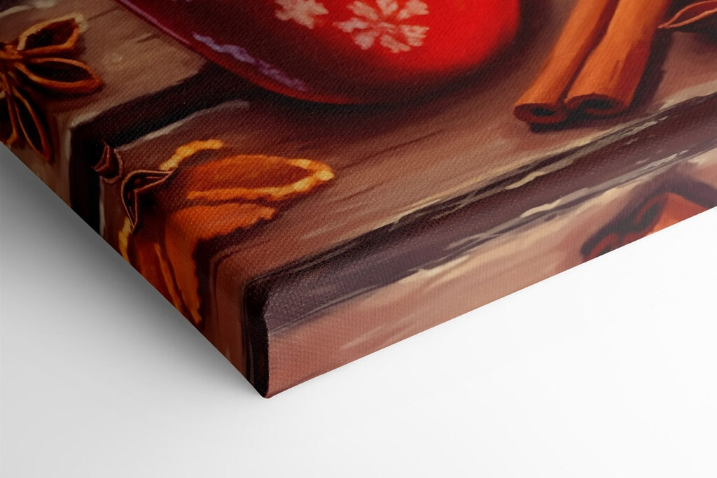 Painting of two red mugs with white patterns and cinnamon sticks and anise stars