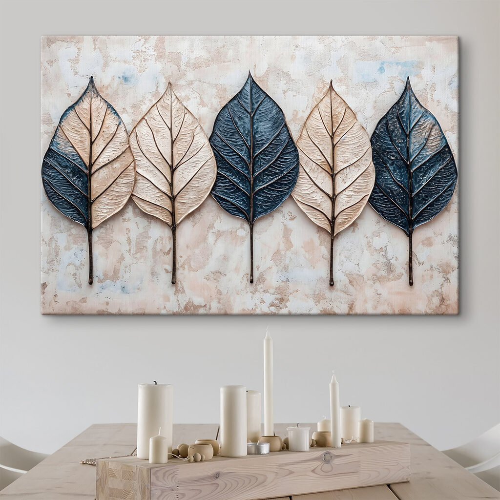 Row of leaves on a marble surface