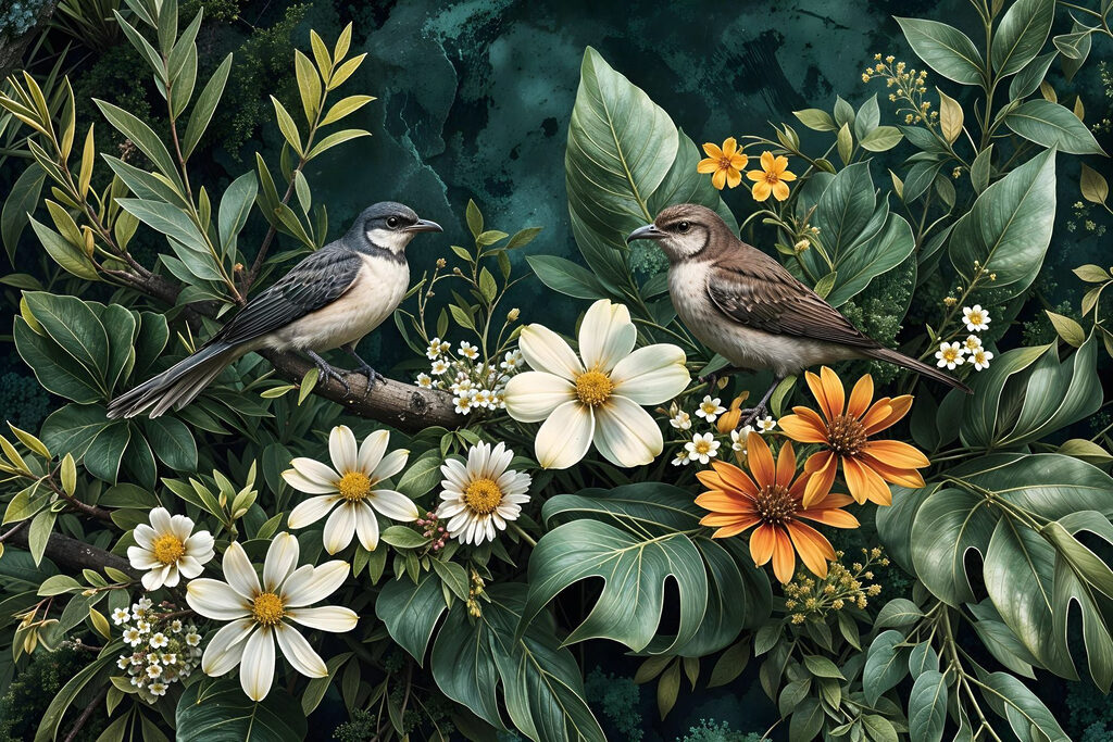 Birds on a branch with flowers