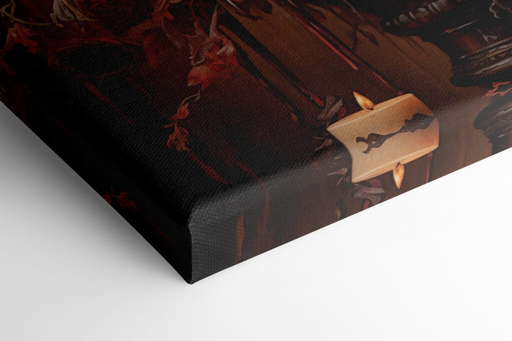 Black bird sitting on a vase of flowers and candles Black bird sitting on a vase of flowers and candles