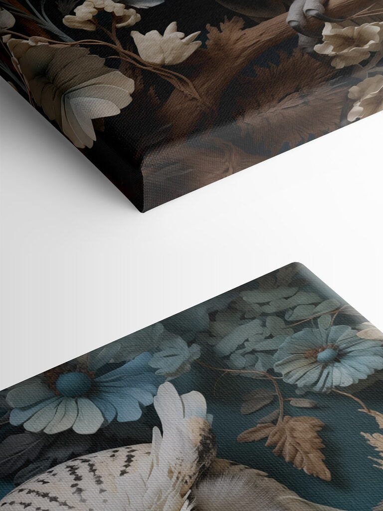 White owl with yellow eyes and a blue background with flowers White owl with yellow eyes and a blue background with flowers