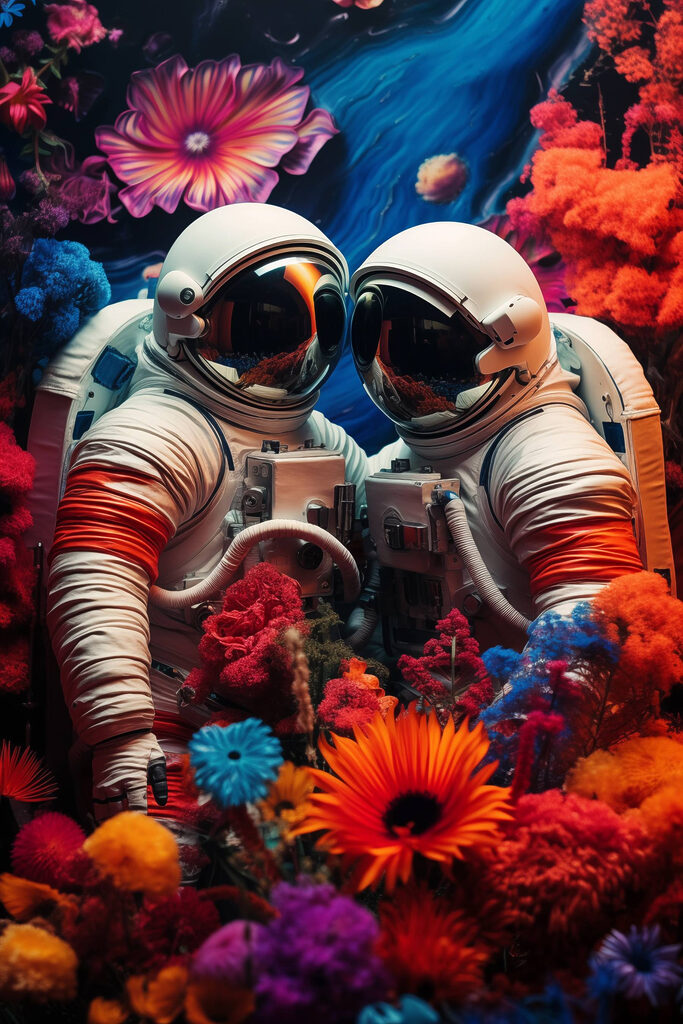 Two astronauts in space suits and flowers Two astronauts in space suits and flowers