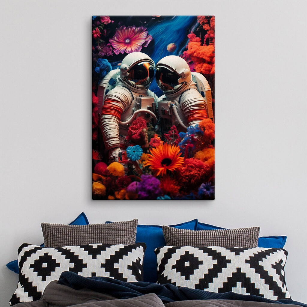 Two astronauts in space suits and flowers Two astronauts in space suits and flowers