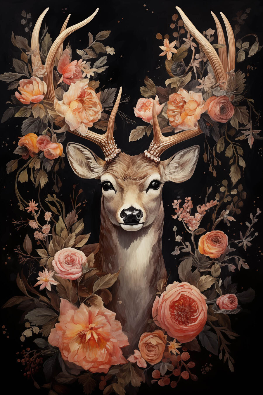 Painting of a deer surrounded by flowers Painting of a deer surrounded by flowers