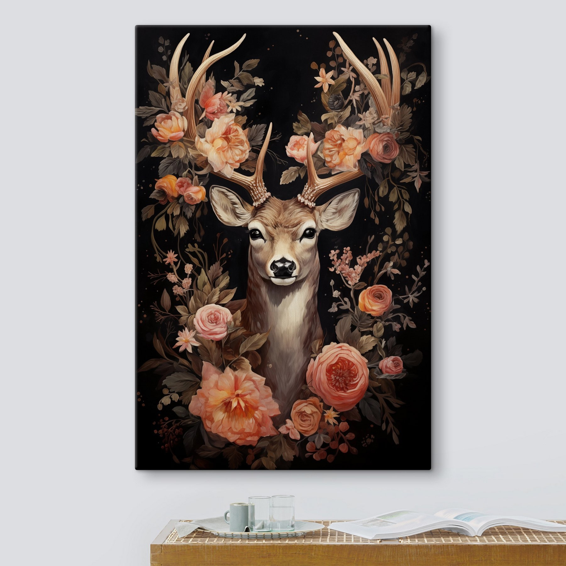 Painting of a deer surrounded by flowers