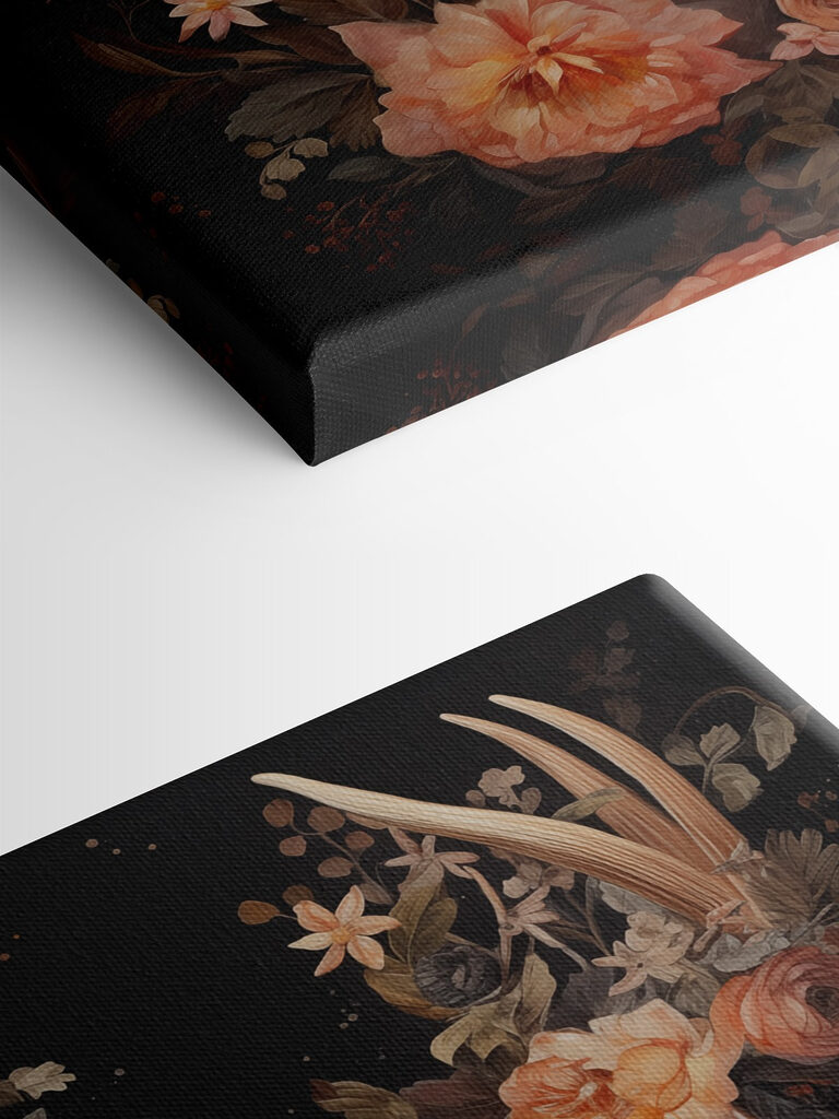 Painting of a deer surrounded by flowers