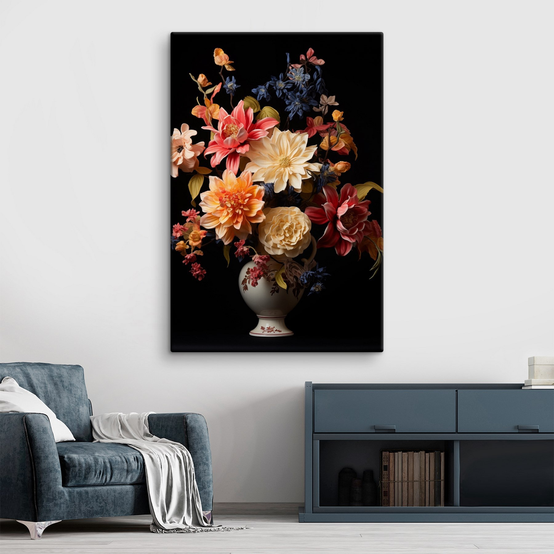 Vase of flowers on a black background
