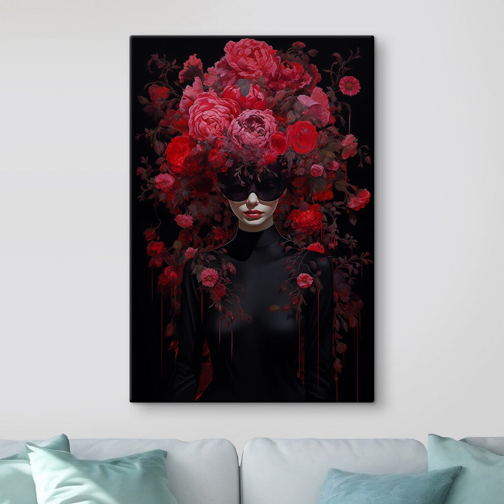 Woman wearing a mask with flowers on her head