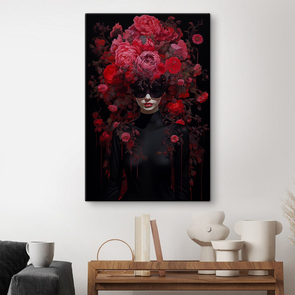 Woman wearing a mask with flowers on her head