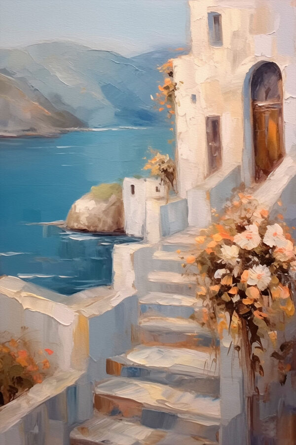 Painting of a house with flowers on the stairs Painting of a house with flowers on the stairs