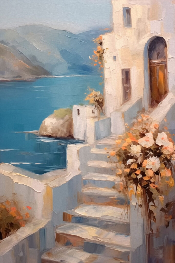 Painting of a house with flowers on the stairs Painting of a house with flowers on the stairs