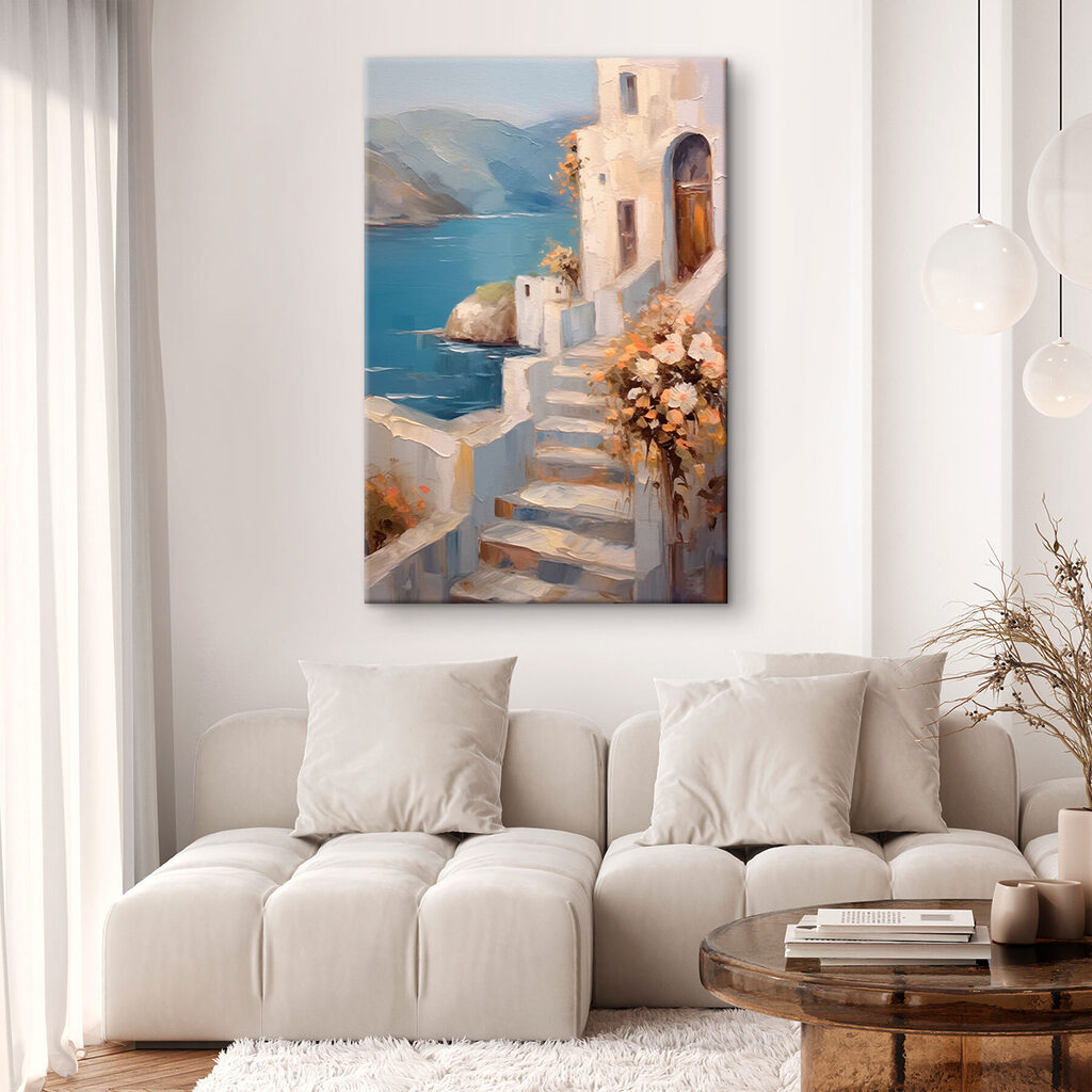 Painting of a house with flowers on the stairs Painting of a house with flowers on the stairs