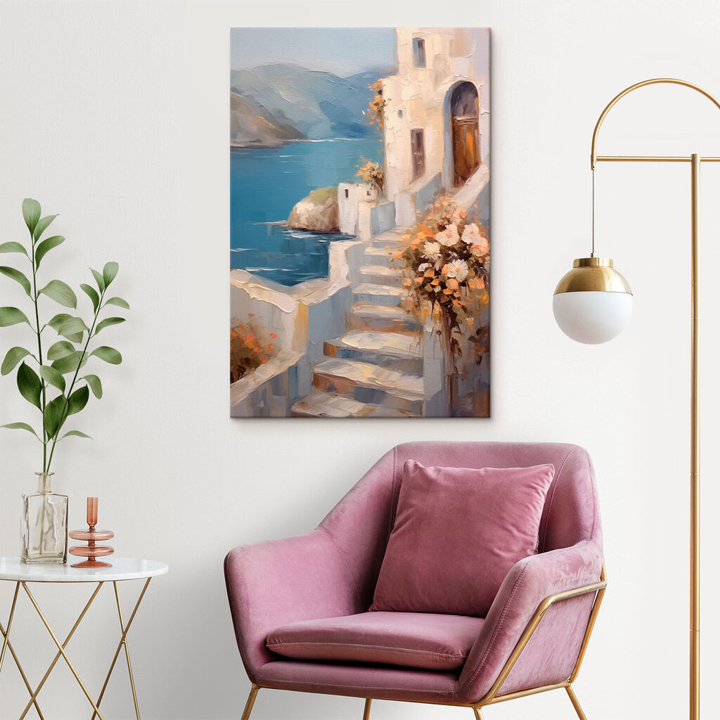Painting of a house with flowers on the stairs Painting of a house with flowers on the stairs