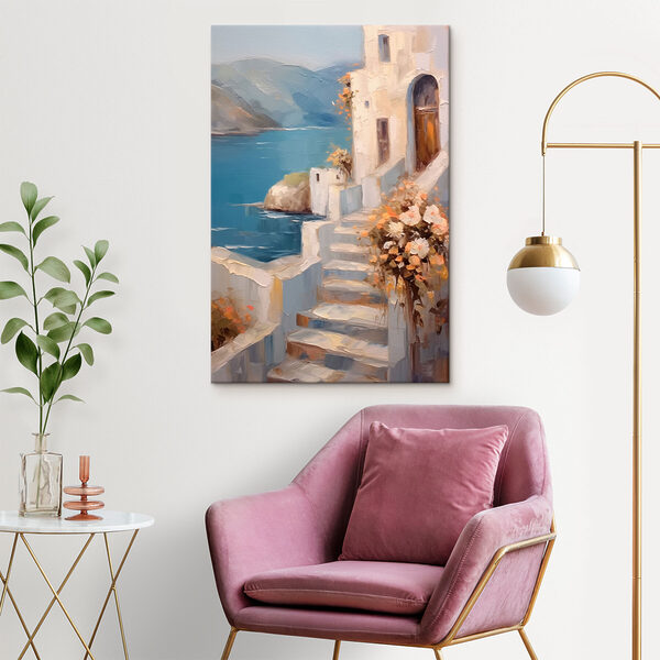Painting of a house with flowers on the stairs Painting of a house with flowers on the stairs