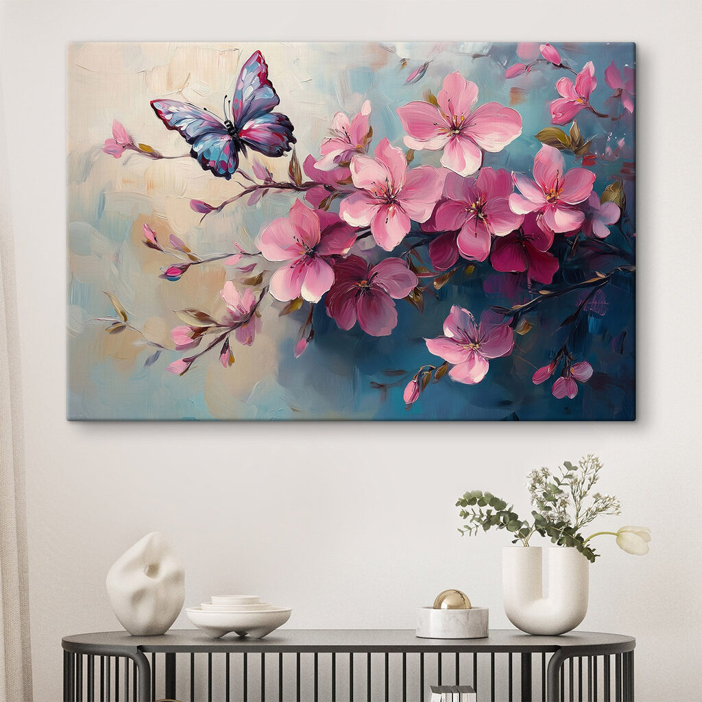 Butterfly on a branch of pink flowers Butterfly on a branch of pink flowers