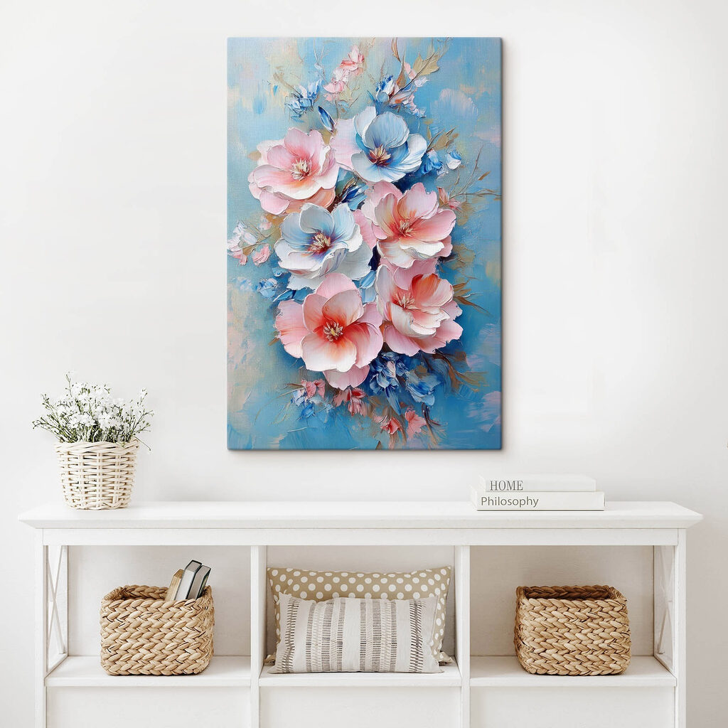 Painting of flowers on a blue surface