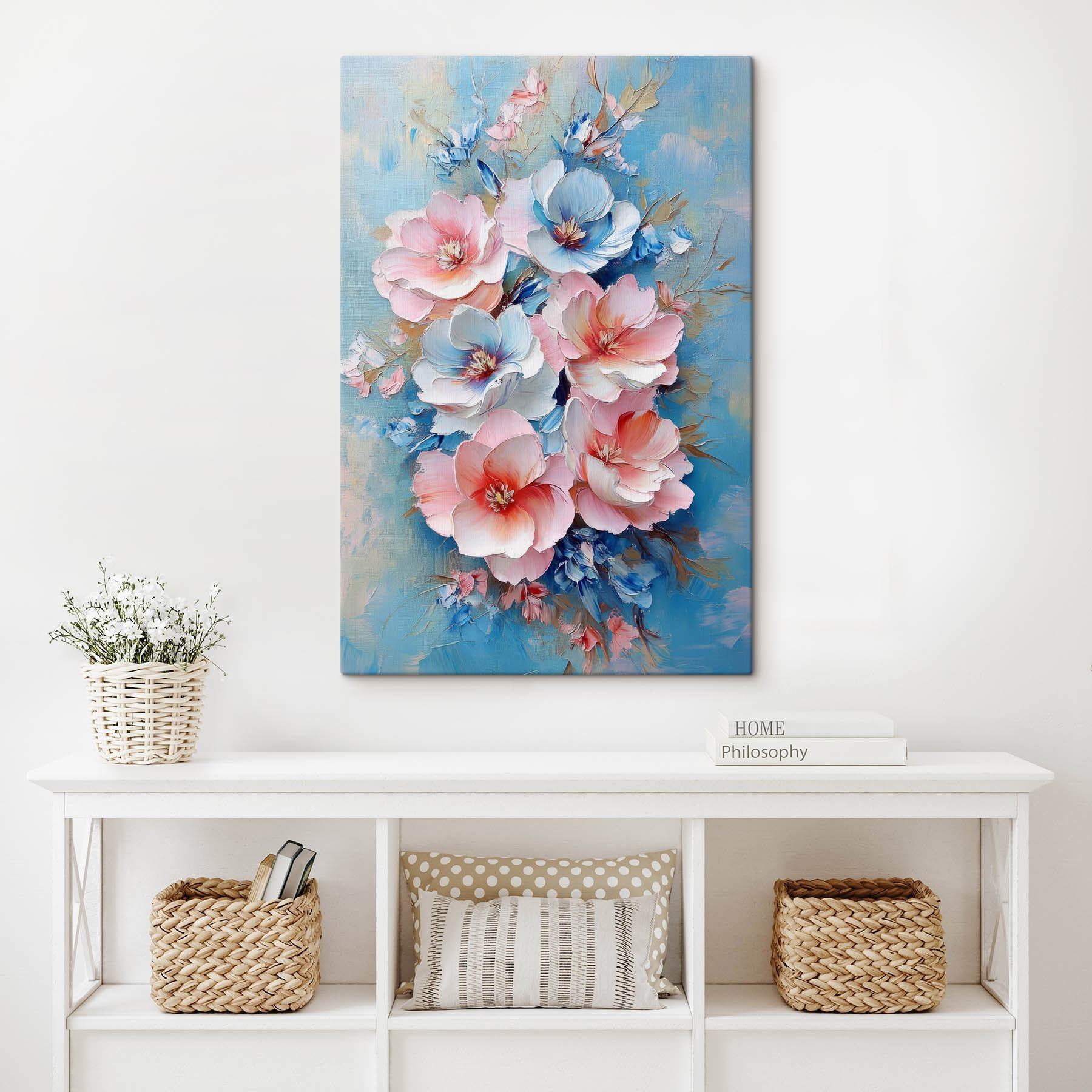 Painting of flowers on a blue surface