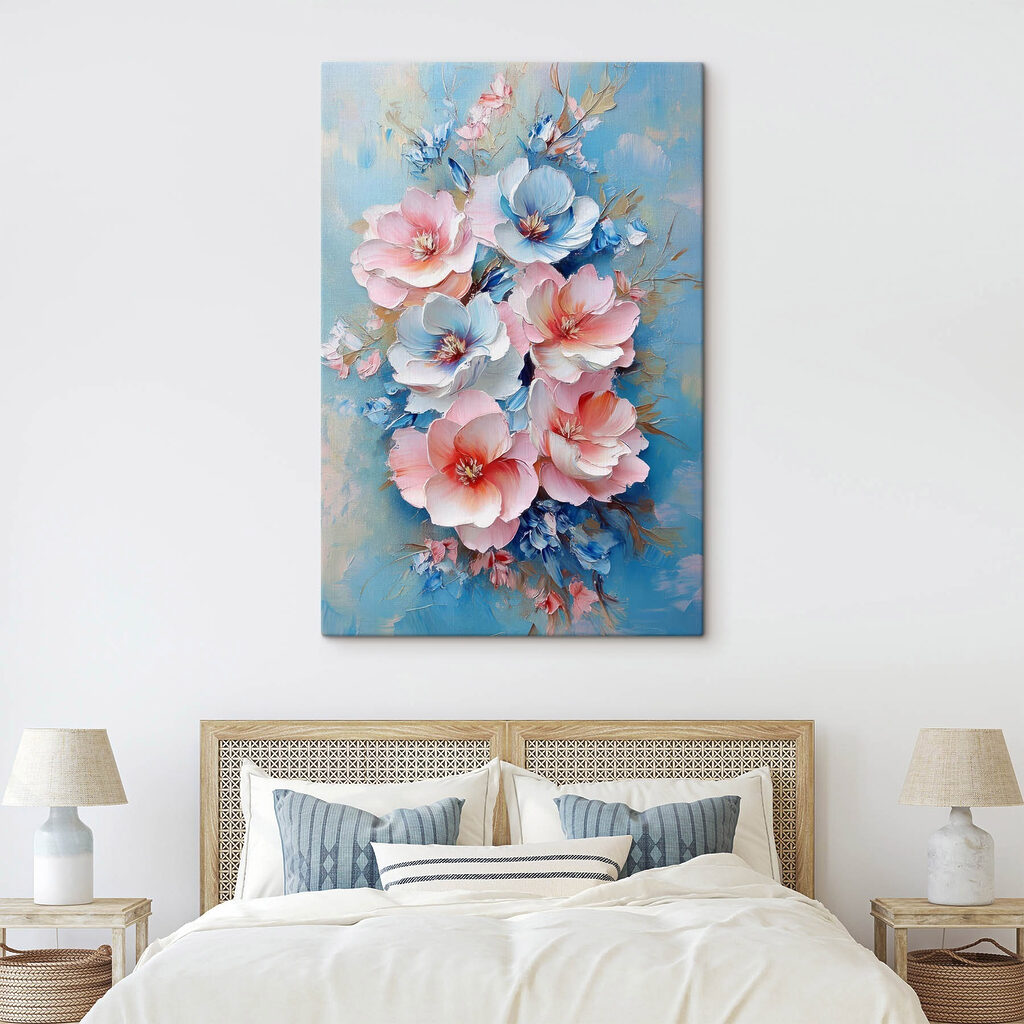 Painting of flowers on a blue surface