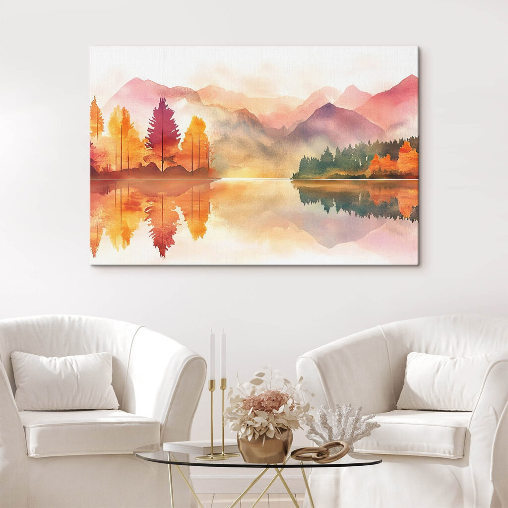Watercolor painting of a lake with trees and mountains in the background Watercolor painting of a lake with trees and mountains in the background