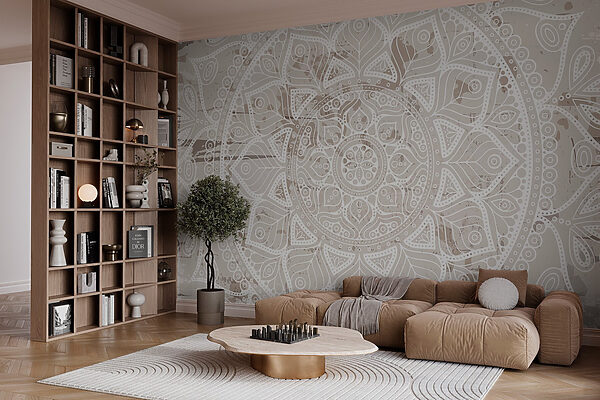 White mandala on a brown surface White mandala on a brown surface