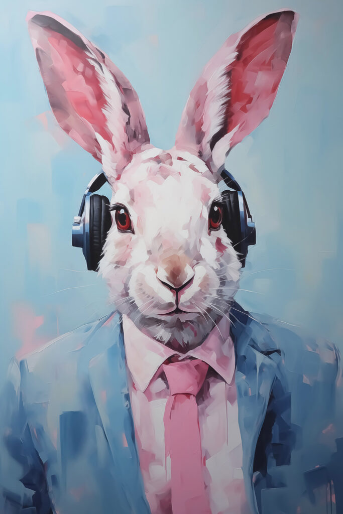 Rabbit wearing headphones and a suit
