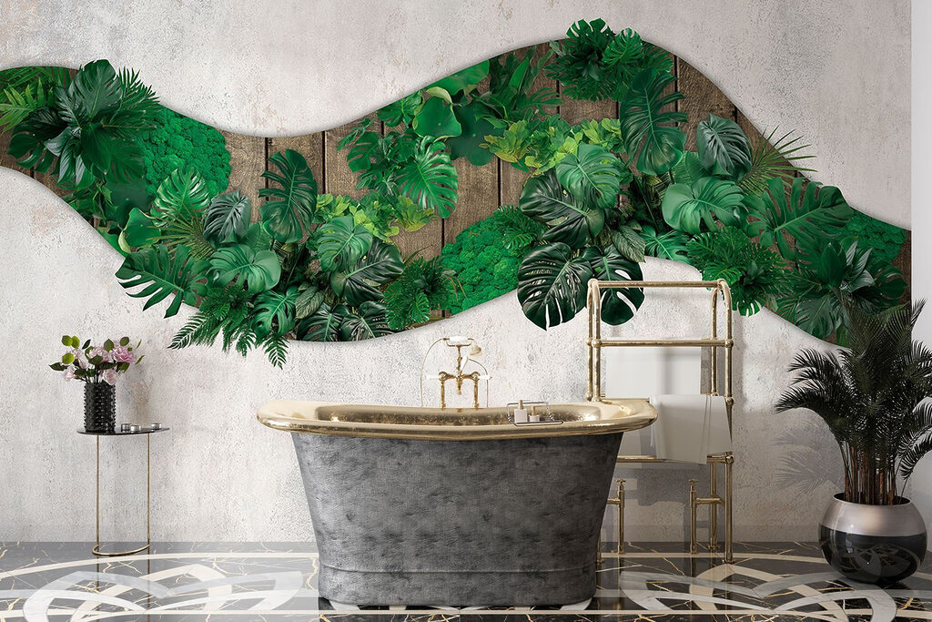 Green leaves on a wooden surface