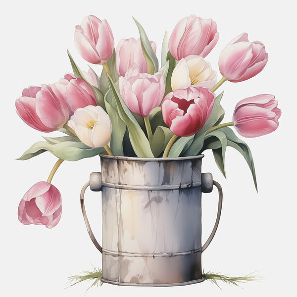 Painting of pink tulips in a metal bucket