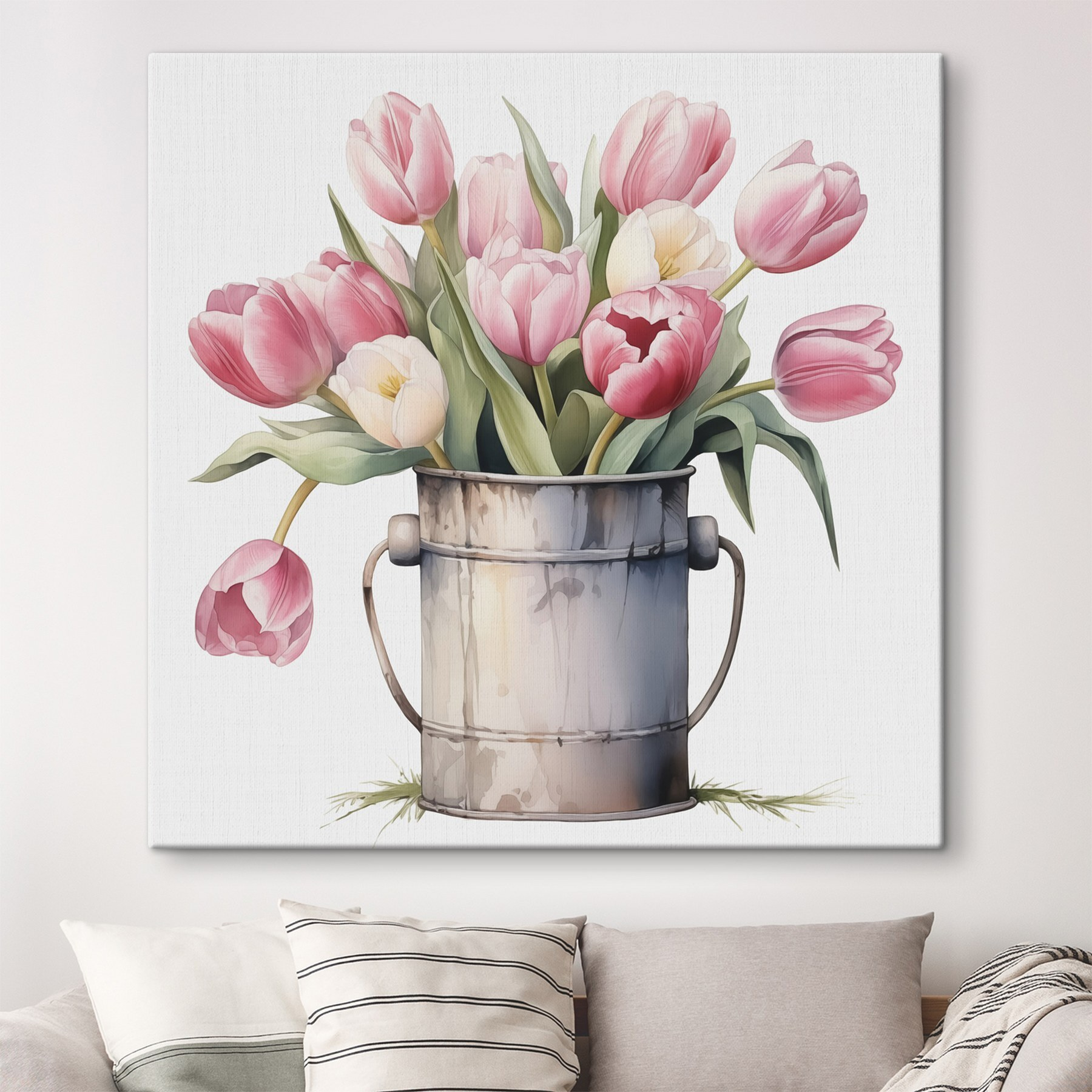 Painting of pink tulips in a metal bucket