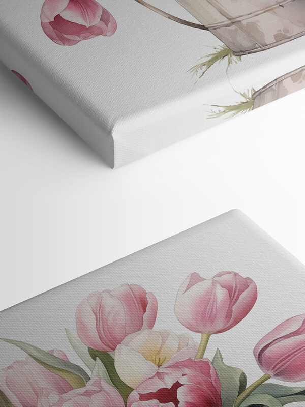 Painting of pink tulips in a metal bucket