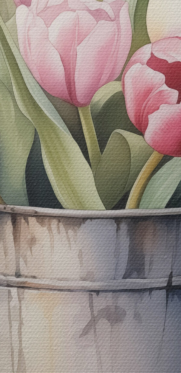 Painting of pink tulips in a metal bucket